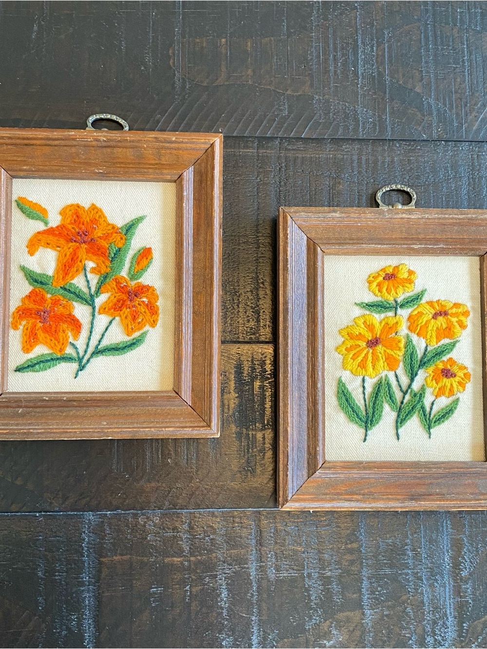 Hand-Embroidered Floral Wall Art Pair in Orange and Yellow - Rustic Wood Frames